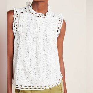 ANTHROPOLOGIE MAEVE Tilly White Cotton Poplin Eyelet Ruffle Sleeveless Blouse